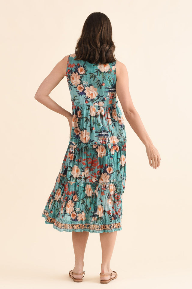 Cosita Light Blue Garden Cotton Pocket Dress,Back,Brunette model,alt text|model:MJ image 4
