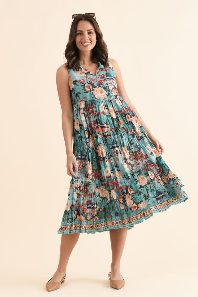 Cosita Light Blue Garden Cotton Pocket Dress,Front,Brunette model,alt text|model:MJ image 1