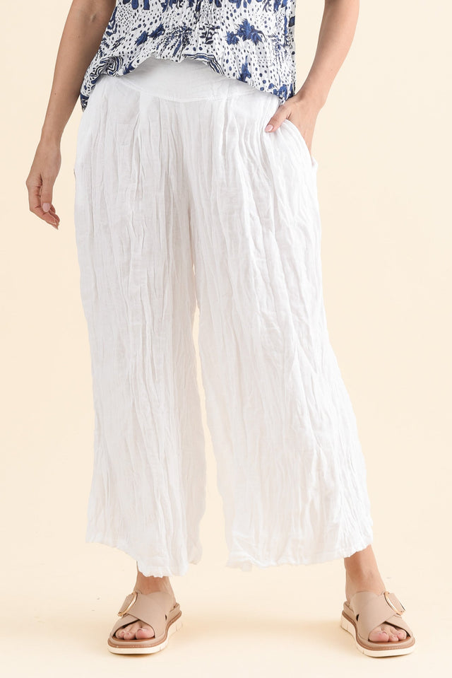 Costello White Crinkle Cotton Pants,Front,Brunette model,alt text|model:MJ