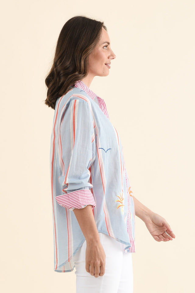Costina Blue Nature Cotton Embroidered Shirt,Side,Brunette model,alt text|model:MJ image 3
