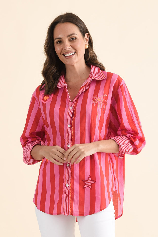 Costina Pink Heart Cotton Embroidered Shirt,Front,Brunette model,alt text|model:MJ image 1