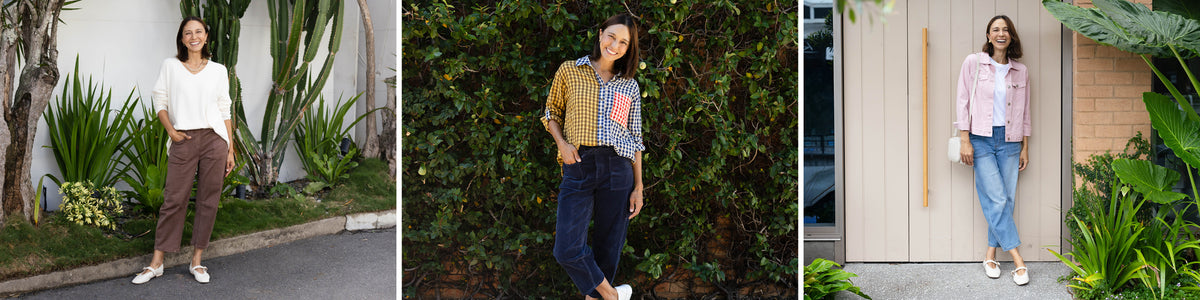 Brunette woman wearing a variety of barrel leg pants and jeans