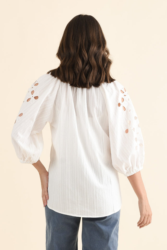Daisy White Cotton Embroidered Top,Back,Brunette model,alt text|model:MJ image 6