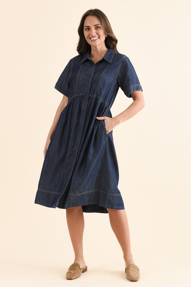 Daley Dark Blue Denim Shirt Dress,Front,Brunette model,alt text|model:MJ image 1