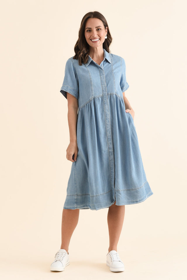 Daley Light Blue Denim Shirt Dress,Full Body,Brunette model,alt text|model:MJ image 2