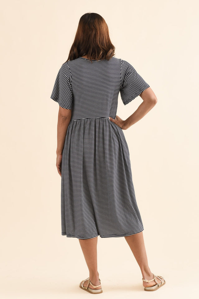 Dalton Navy Stripe Crescent Dress,Back,Brunette model,alt text|model:Cara image 4