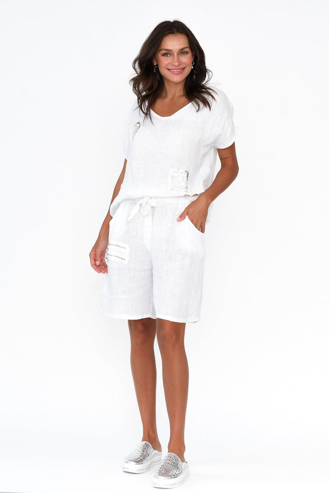 Oriane White Zip Linen Shorts