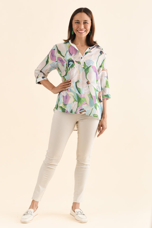 Dancy Green Bloom Collard Blouse,Full Body,Brunette model,alt text|model:Cara image 2