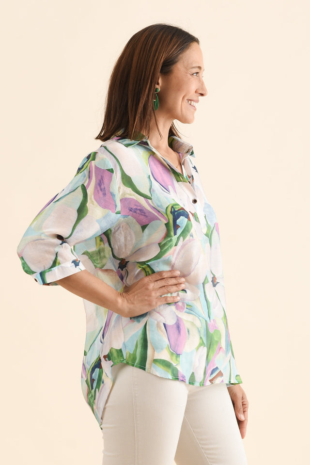 Dancy Green Bloom Collard Blouse,Side,Brunette model,alt text|model:Cara image 3