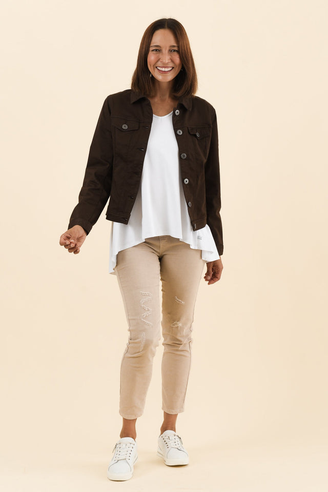 Danielle Chocolate Stretch Jean Jacket,Full Body,Brunette model,alt text|model:Cara image 7