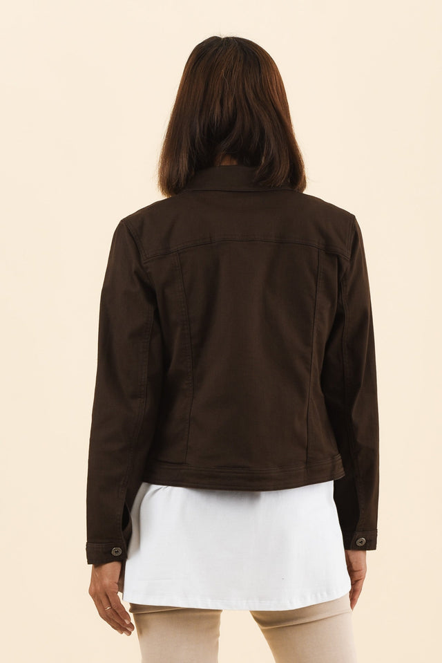 Danielle Chocolate Stretch Jean Jacket,Back,Brunette model,alt text|model:Cara image 5