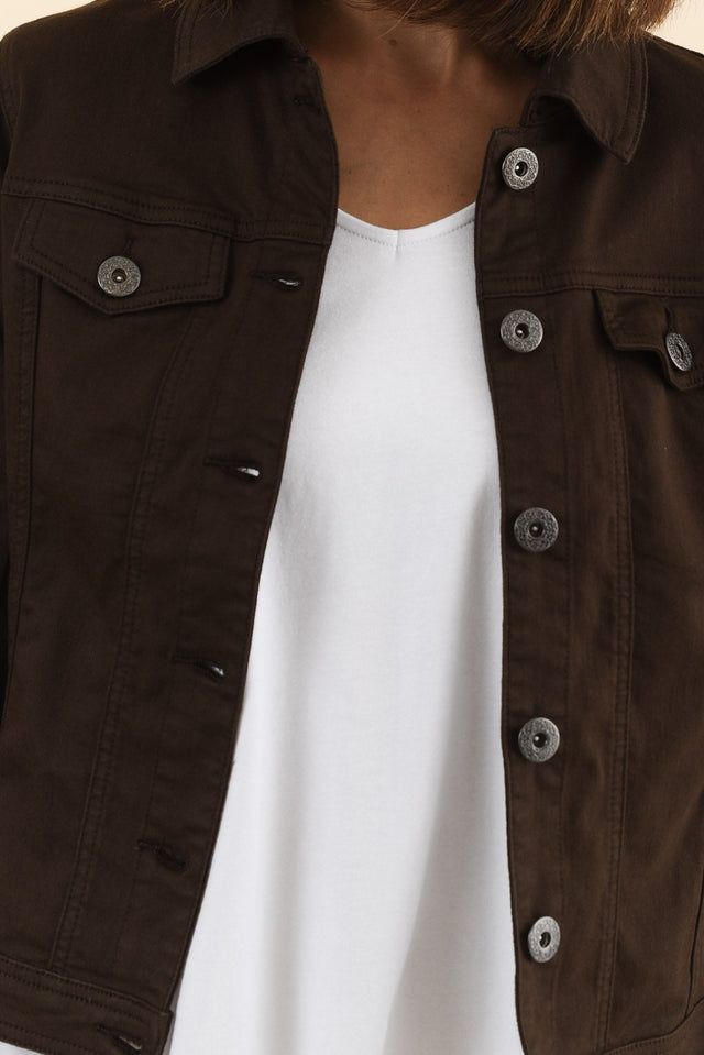 Danielle Chocolate Stretch Jean Jacket,Detail,Brunette model,alt text|model:Cara image 6