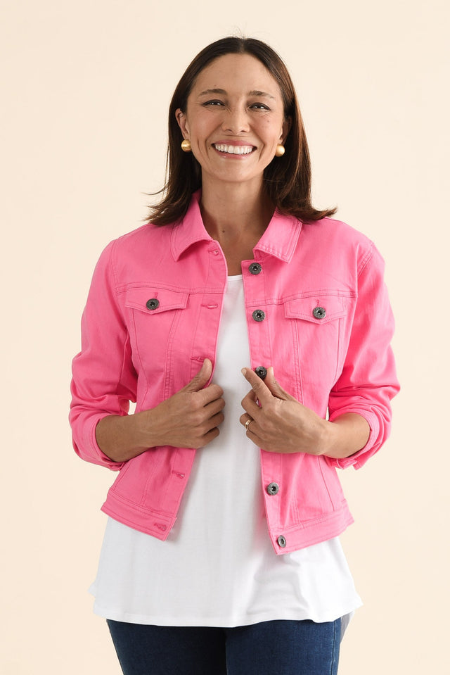 Danielle Hot Pink Stretch Jean Jacket,brunette model,Front of Outfit,alt text|model:Cara image 1