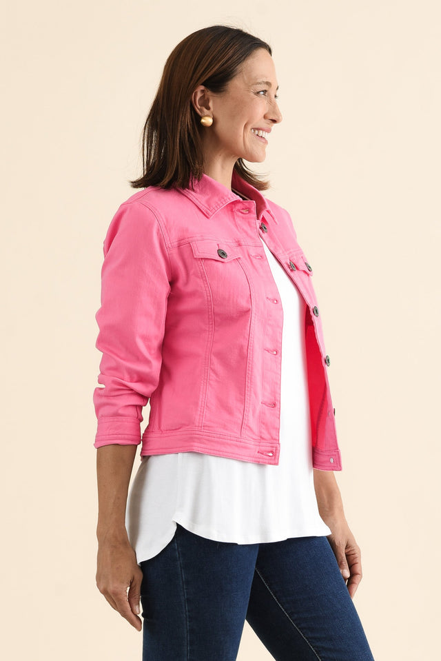 Danielle Hot Pink Stretch Jean Jacket,brunette model,Side of Outfit,alt text|model:Cara image 3