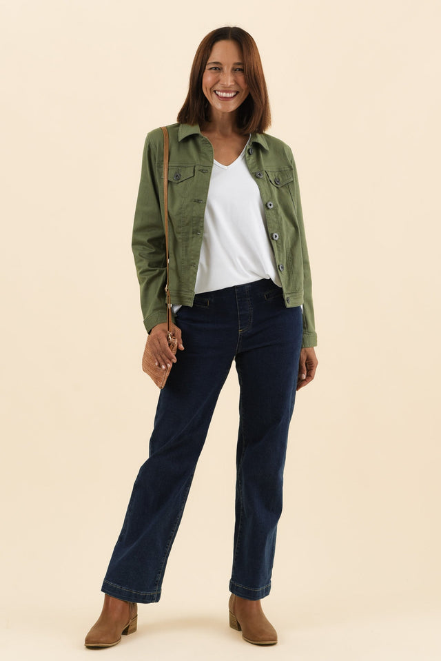 Danielle Khaki Stretch Jean Jacket,Full Body,Brunette model,alt text|model:Cara image 7