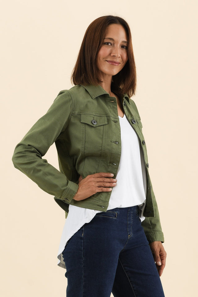 Danielle Khaki Stretch Jean Jacket,Side,Brunette model,alt text|model:Cara image 4