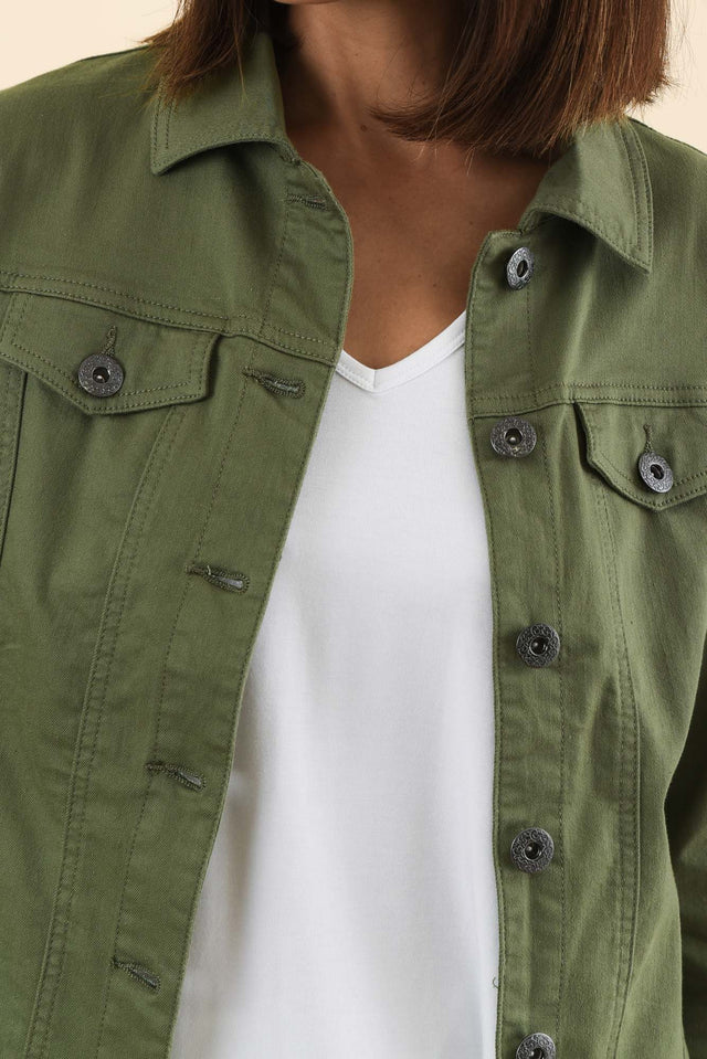 Danielle Khaki Stretch Jean Jacket,Detail,Brunette model,alt text|model:Cara image 6