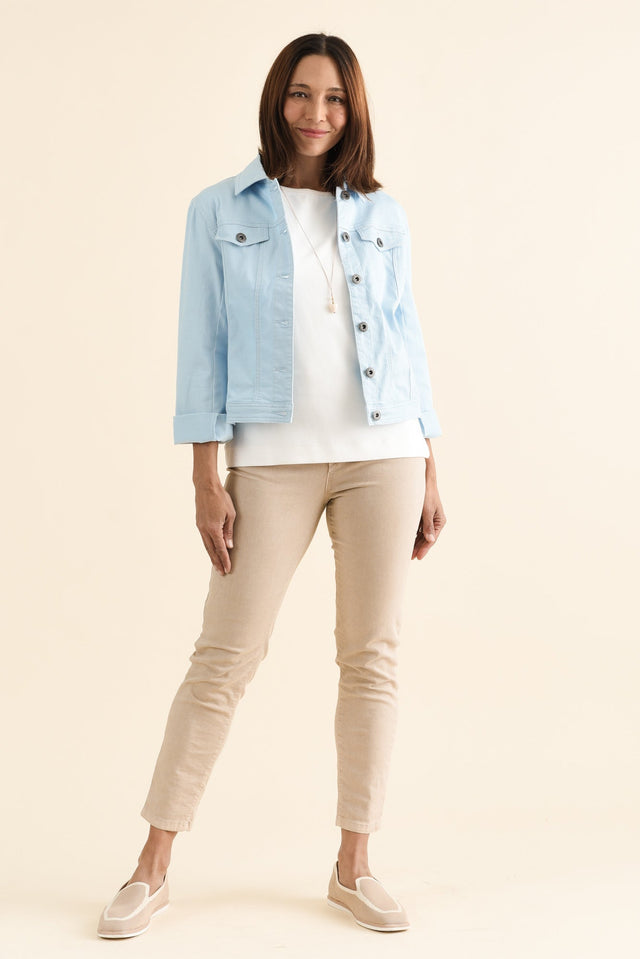 Danielle Light Blue Stretch Jean Jacket,brunette model,Full Outfit,alt text|model:Cara image 2