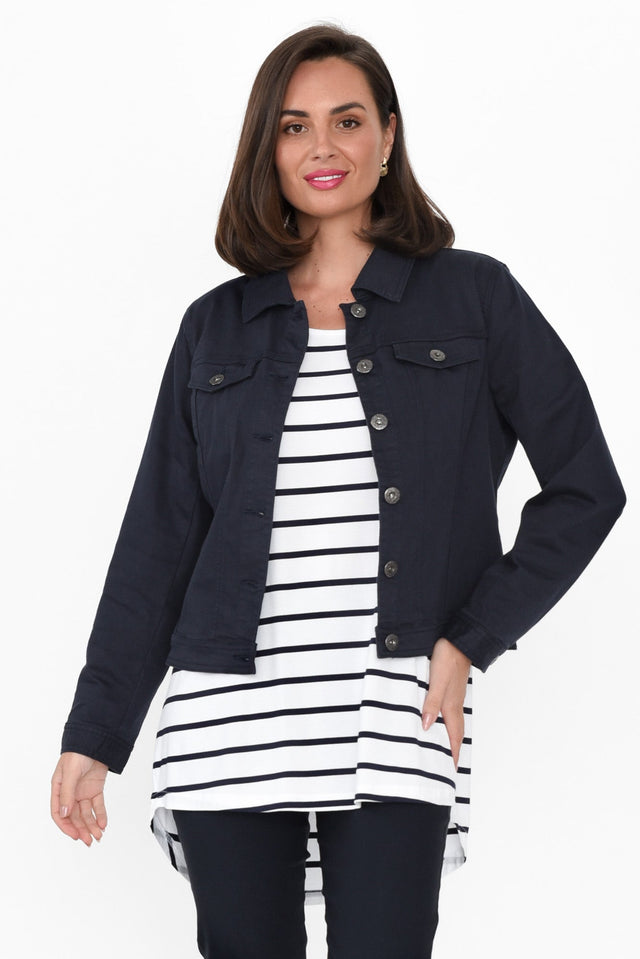 Danielle Navy Stretch Jean Jacket print_Plain length_Above Hip sleeve_Long hem_Straight sleevetype_Straight colour_Navy COATS & JACKETS   alt text|model:MJ image 1