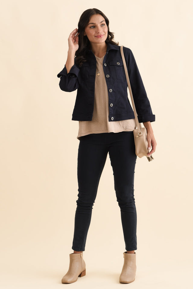 Danielle Navy Stretch Jean Jacket,Brunette model,alt text|model:Brontie image 4