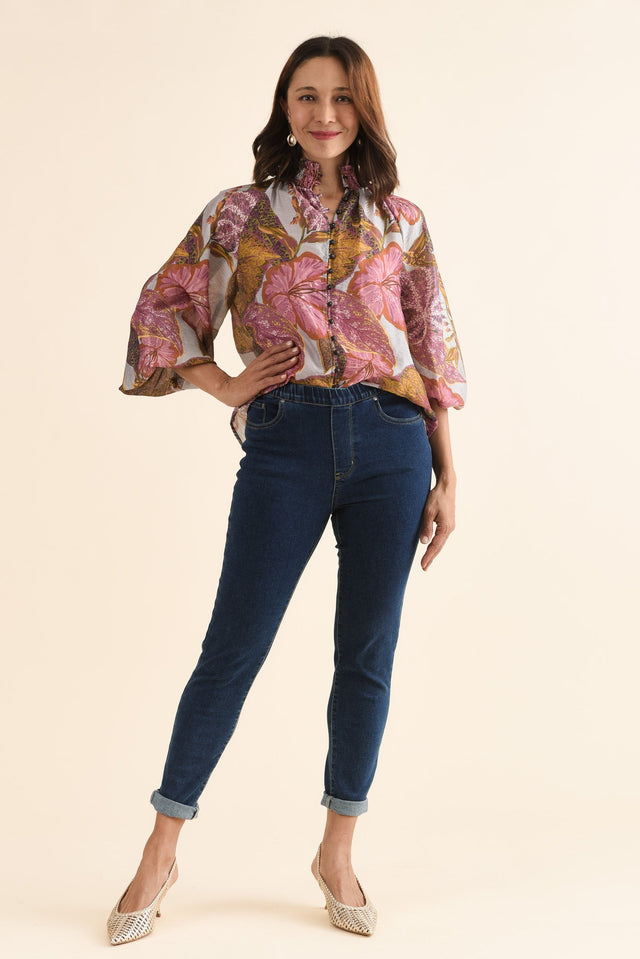 Daria Purple Leaf Shirred Blouse,Full Body,Brunette model,alt text|model:Cara image 6