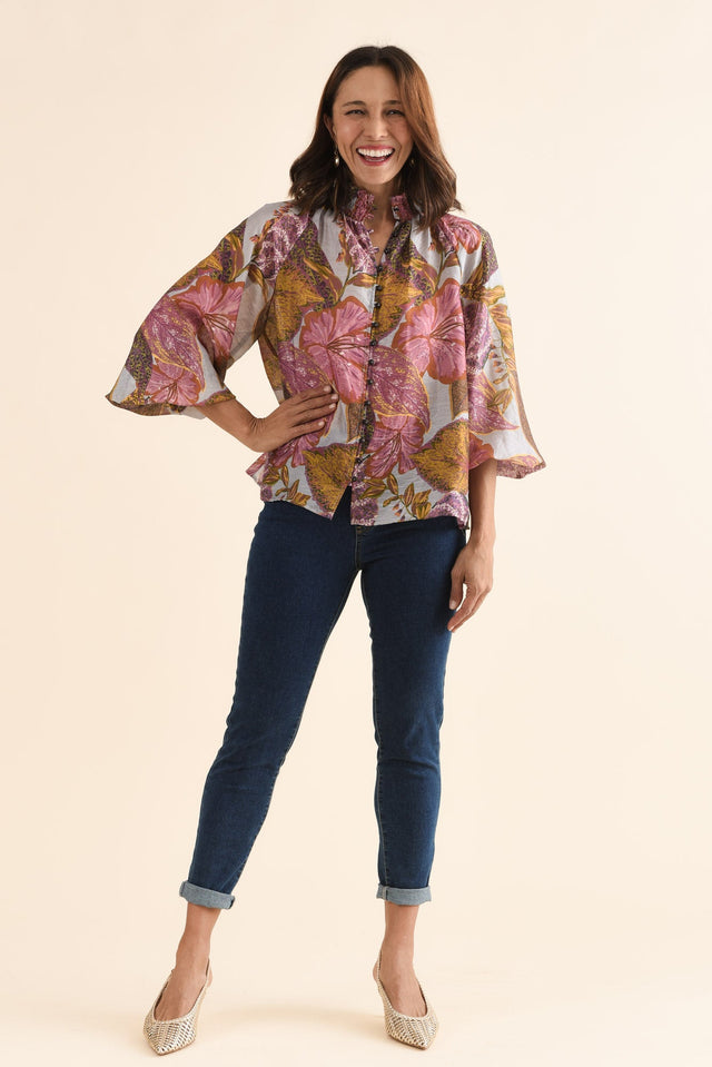 Daria Purple Leaf Shirred Blouse,Full Body,Brunette model,alt text|model:Cara image 2