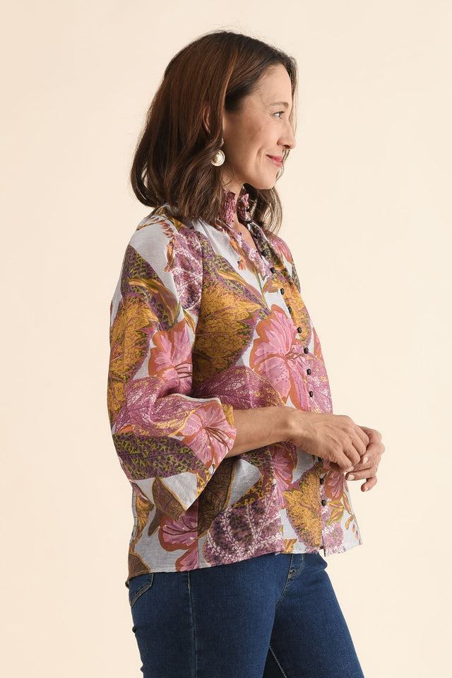 Daria Purple Leaf Shirred Blouse,Side,Brunette model,alt text|model:Cara image 3