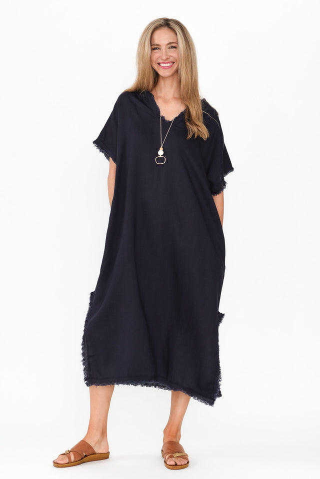 Darlene Navy Frayed Midi Dress