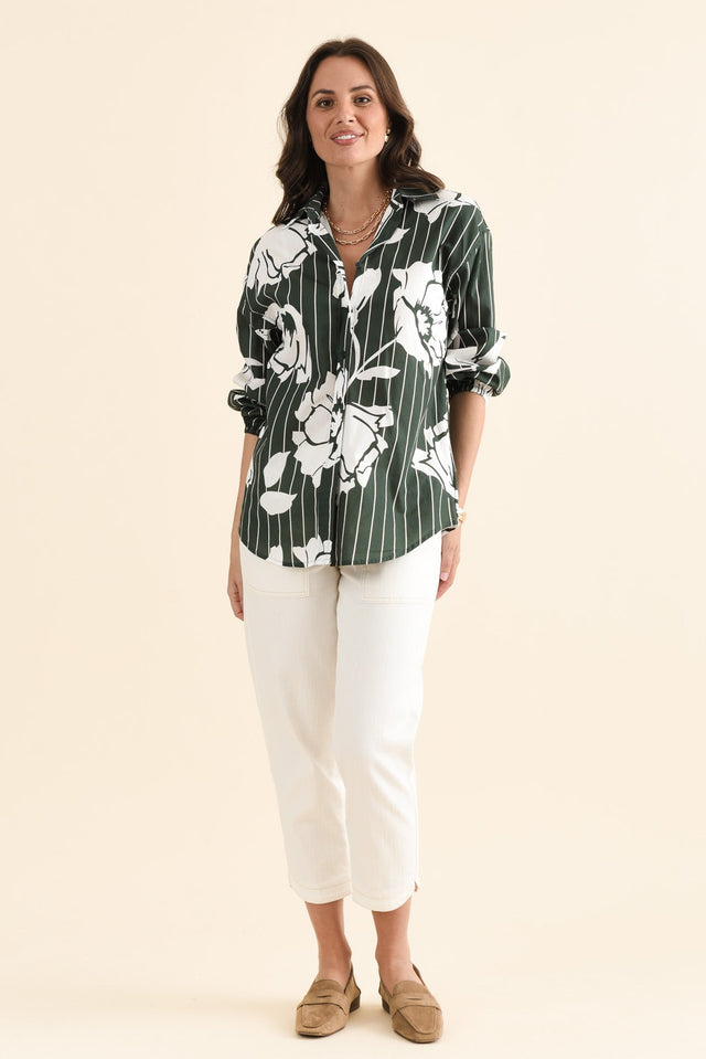 Darline Green Floral Stripe Cotton Shirt,brunette model,Full Outfit,alt text|model:MJ image 6