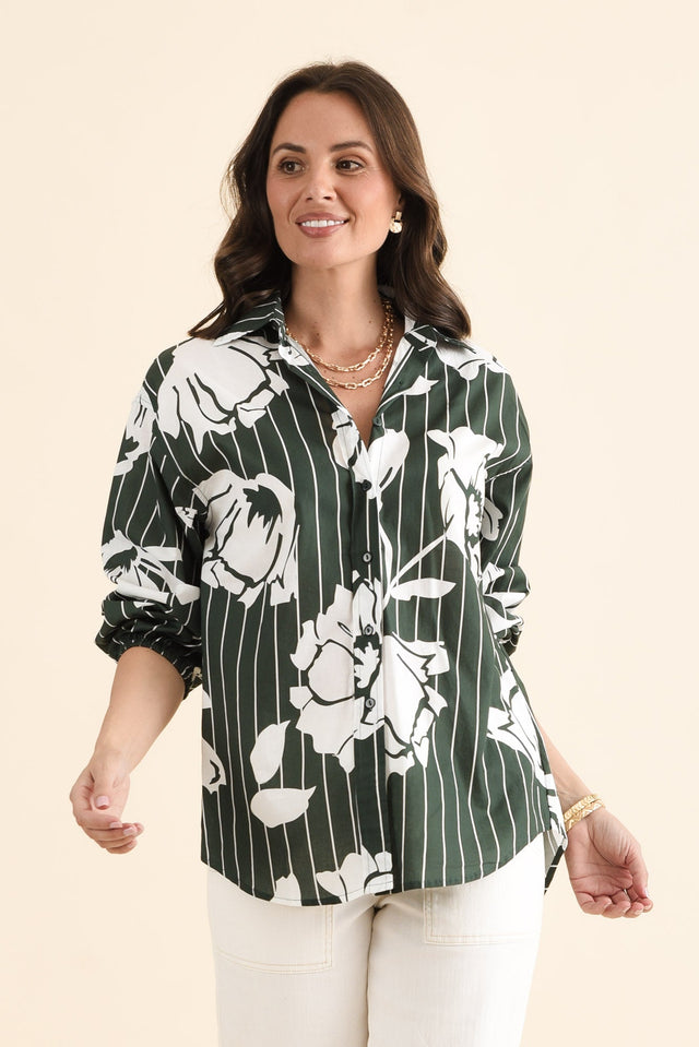 Darline Green Floral Stripe Cotton Shirt,brunette model,Front of Outfit,alt text|model:MJ