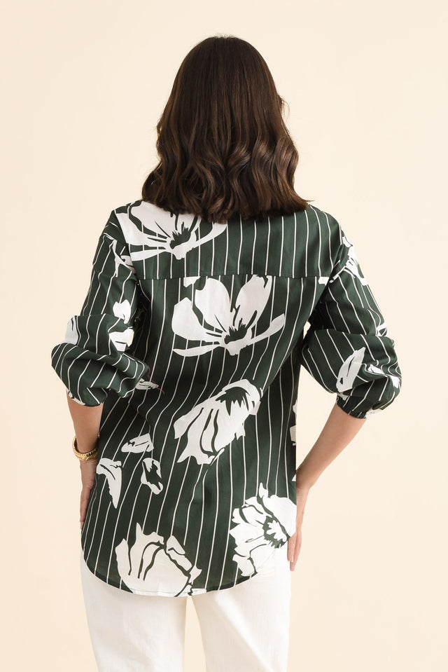 Darline Green Floral Stripe Cotton Shirt,brunette model,Back of Outfit,alt text|model:MJ image 4