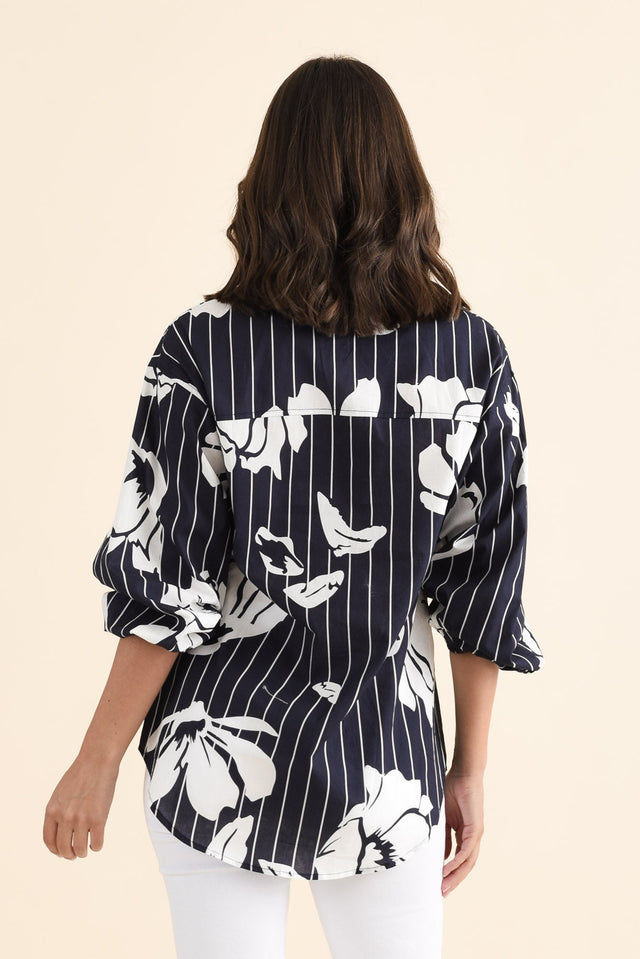 Darline Navy Floral Stripe Cotton Shirt,brunette model,Back of Outfit,alt text|model:MJ image 4