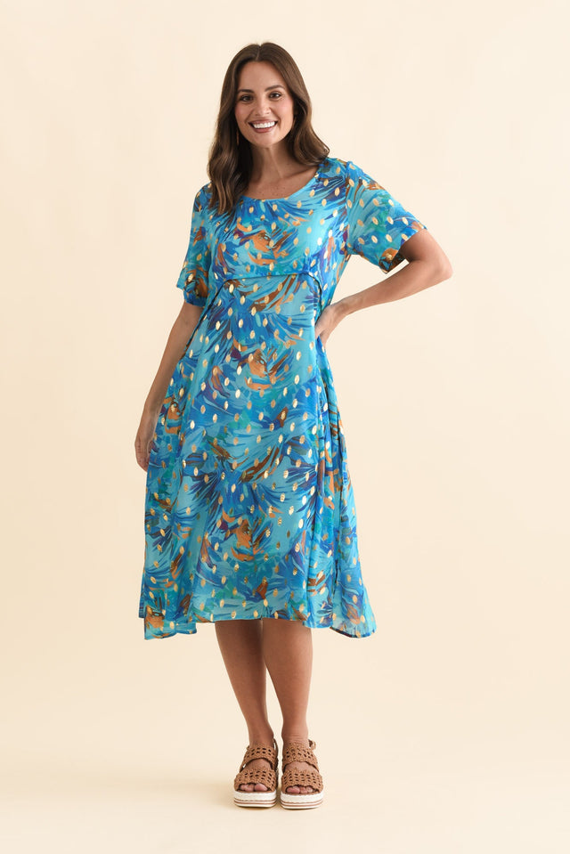 Darling Aqua Burst Foil Crescent Dress,Brunette model,alt text|model:MJ image 7