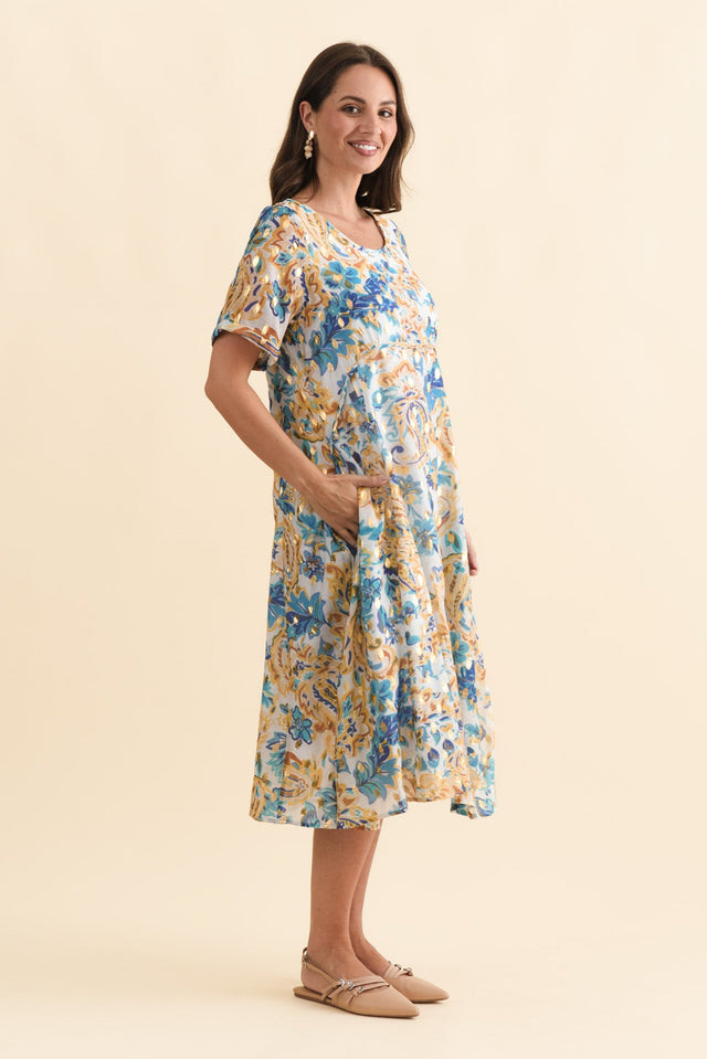 Darling Blue Paisley Foil Crescent Dress,Brunette model,alt text|model:MJ image 4