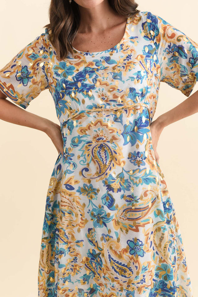 Darling Blue Paisley Foil Crescent Dress,Brunette model,alt text|model:MJ image 6