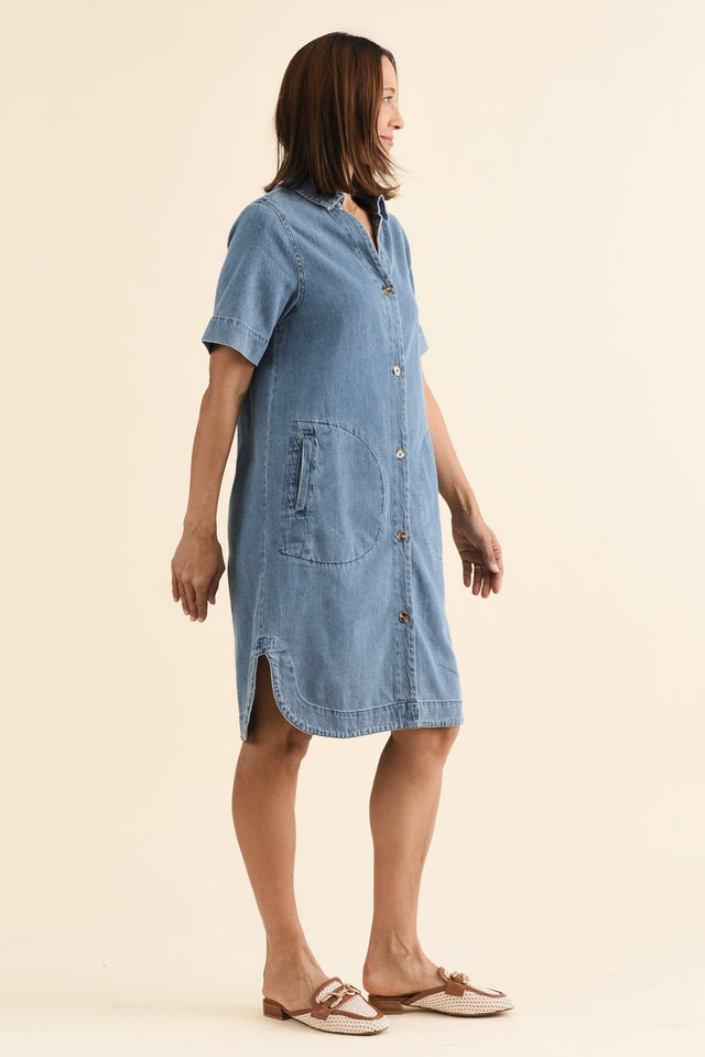 Dawson Blue Denim Button Dress,brunette model,Side of Outfit,alt text|model:Cara image 3