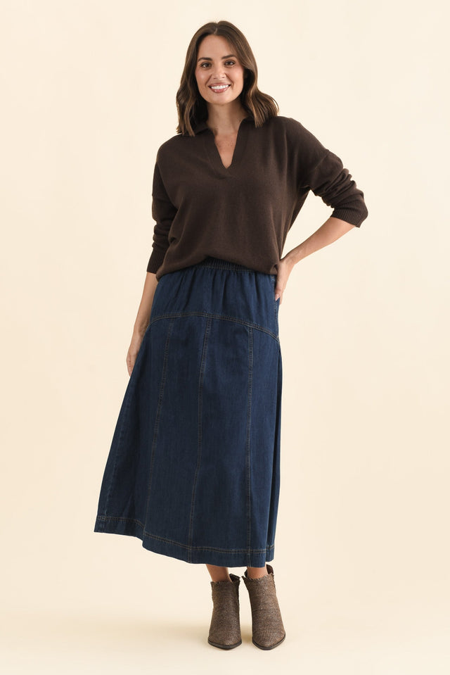 Dayton Dark Blue Denim Skirt,Brunette model,alt text|model:MJ image 6