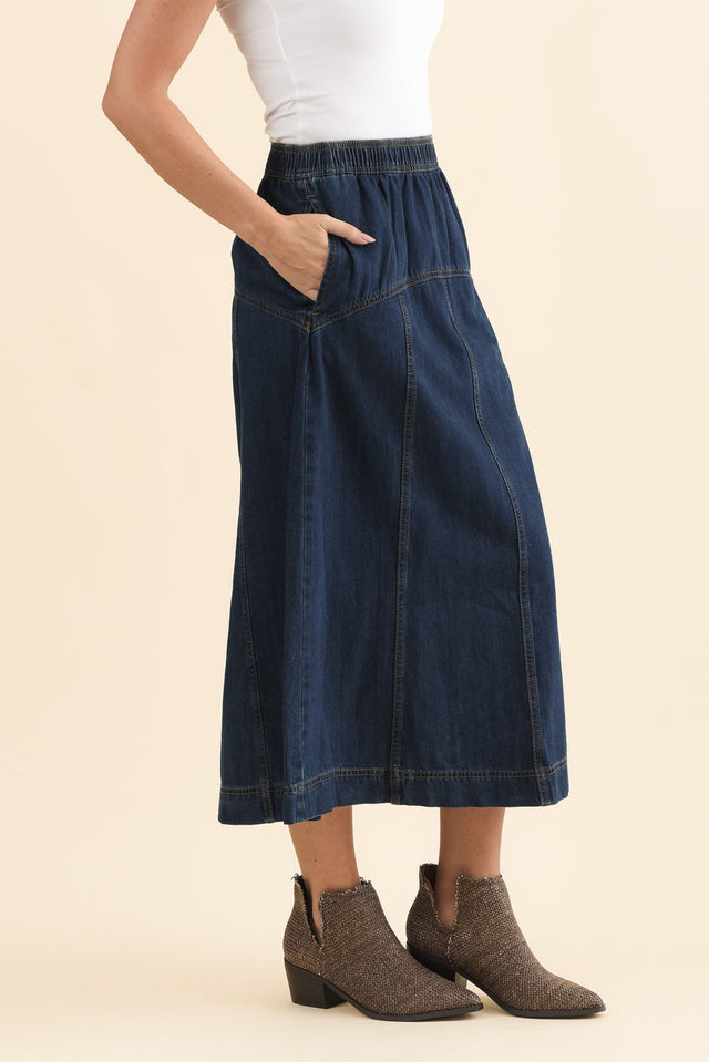 Dayton Dark Blue Denim Skirt,Brunette model,alt text|model:MJ image 3