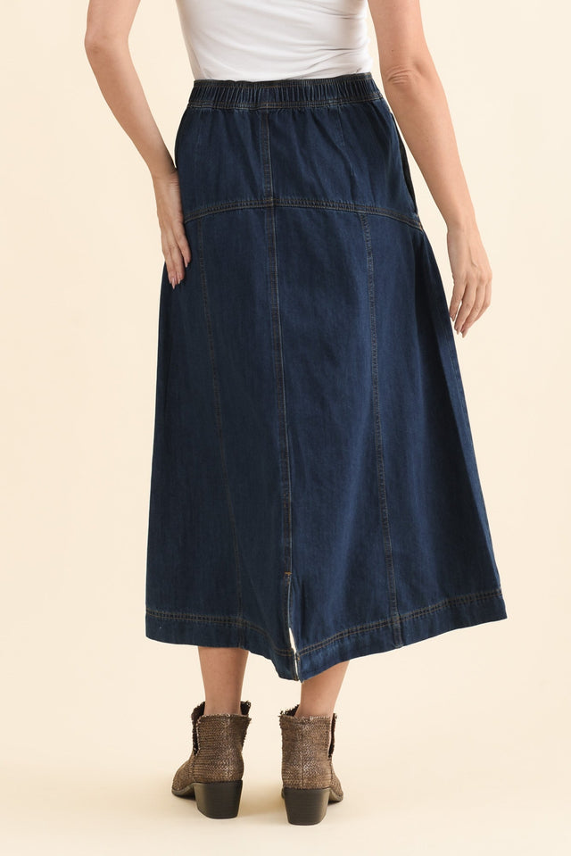 Dayton Dark Blue Denim Skirt,Brunette model,alt text|model:MJ image 4