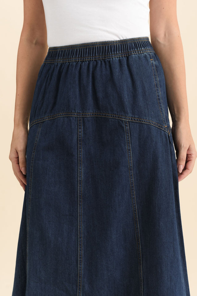 Dayton Dark Blue Denim Skirt,Brunette model,alt text|model:MJ image 5