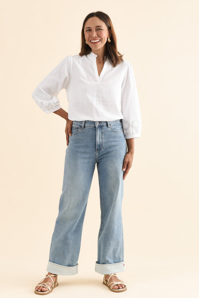Deb Mid Blue Denim Wide Leg Jeans,Full Body,Brunette model,alt text|model:Cara image 9