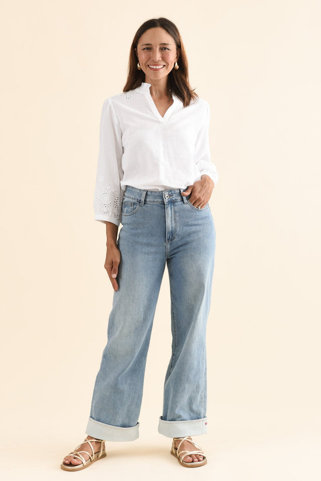 Deb Mid Blue Denim Wide Leg Jeans,Full Body,Brunette model,alt text|model:Cara image 4