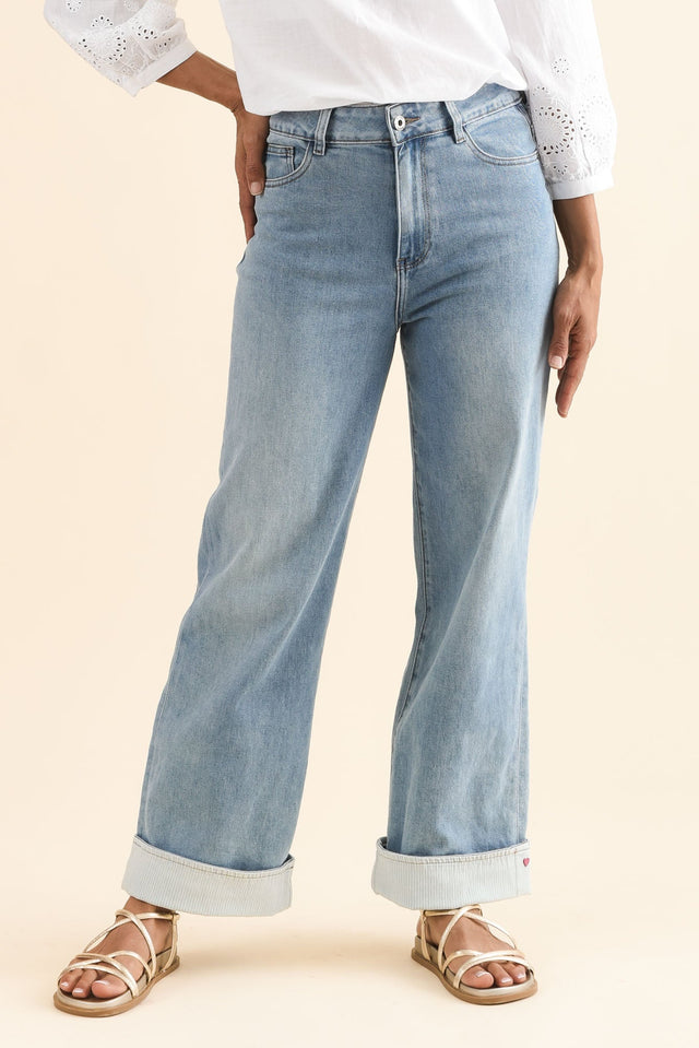 Deb Mid Blue Denim Wide Leg Jeans,Front,Brunette model,alt text|model:Cara