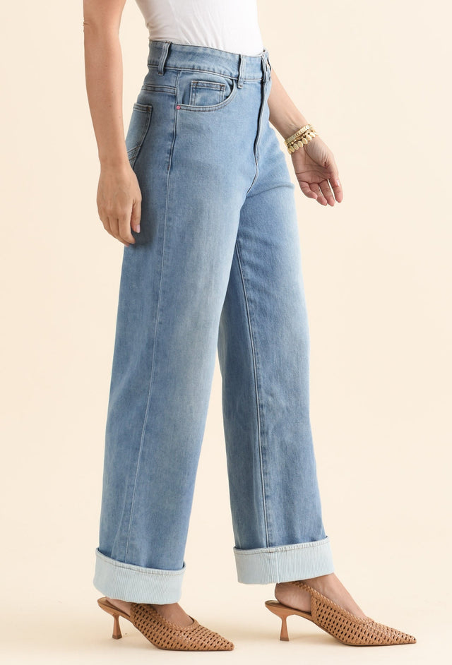 Deb Mid Blue Denim Wide Leg Jeans,brunette model,Side of Outfit,alt text|model:MJ image 3
