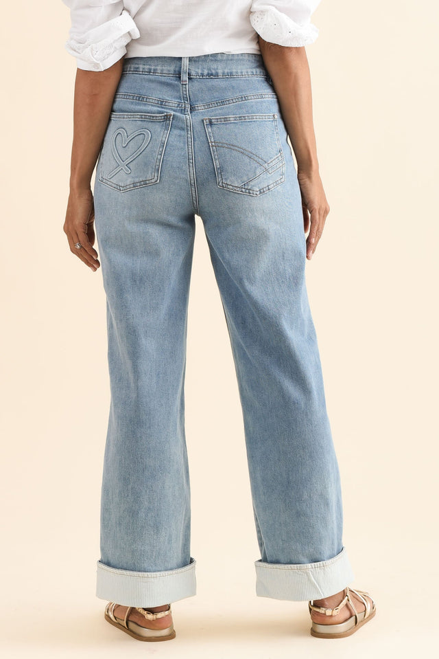 Deb Mid Blue Denim Wide Leg Jeans,Back,Brunette model,alt text|model:Cara image 6