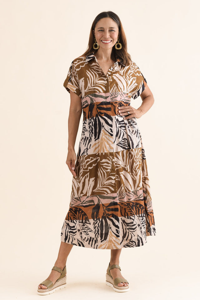Decker Brown Palm Cotton Shirt Dress,Full Body,Brunette model,alt text|model:Cara image 6