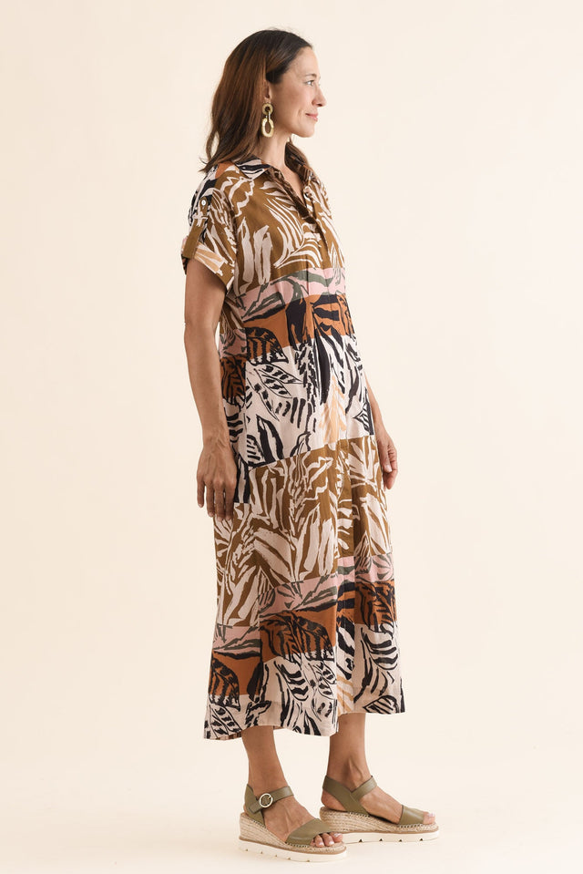 Decker Brown Palm Cotton Shirt Dress,Side,Brunette model,alt text|model:Cara image 3