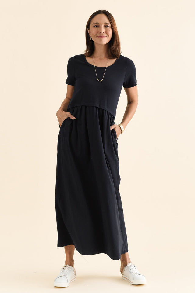 Deidra Navy Cotton Pocket Dress,Full Body,Brunette model,alt text|model:Cara image 2