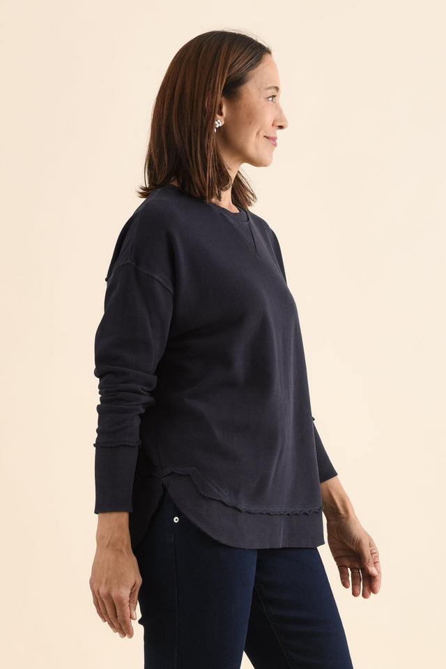 Delilah Navy Cotton Crewneck Sweatshirt,Side,Brunette model,alt text|model:Cara image 3