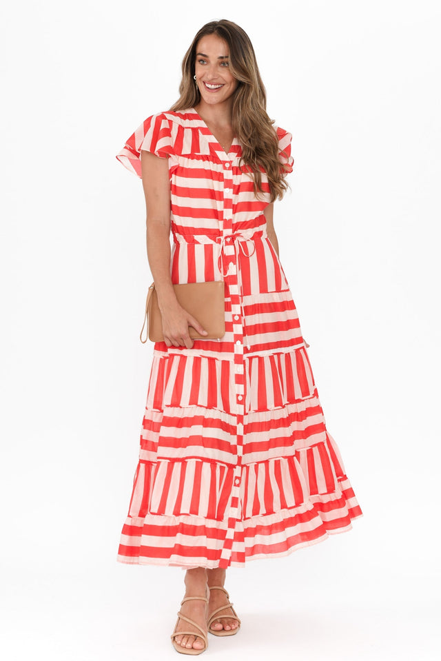 Delilah Red Stripe Cotton Tiered Dress,Brunette model,alt text|model:Johanna image 3
